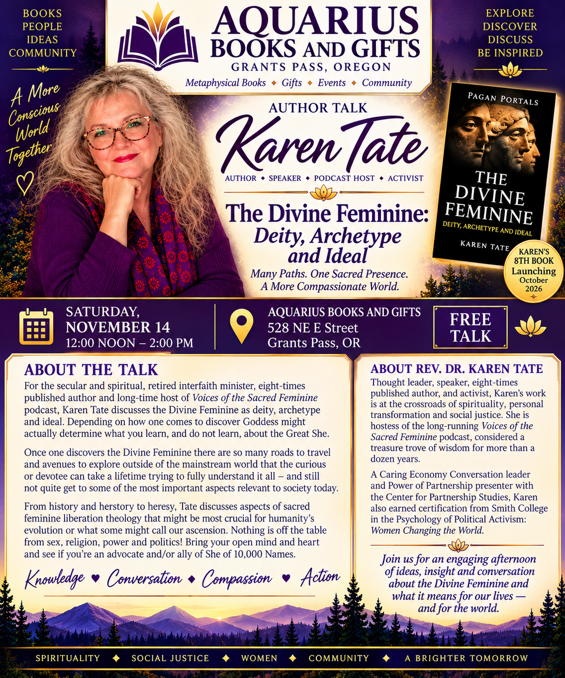 November 14th, 2026 Author Karen Tate, Aquarius Books and Gifts Grants Pass Oregon